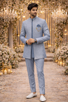 Men’s Steel Blue Jacquard Self-Patterned Indo-Western Sherwani