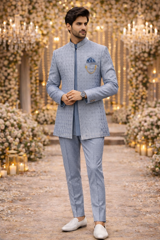 Men’s Steel Blue Jacquard Self-Patterned Indo-Western Sherwani