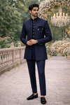 Men’s Navy Blue Jacquard Self-Patterned Indo-Western Sherwani