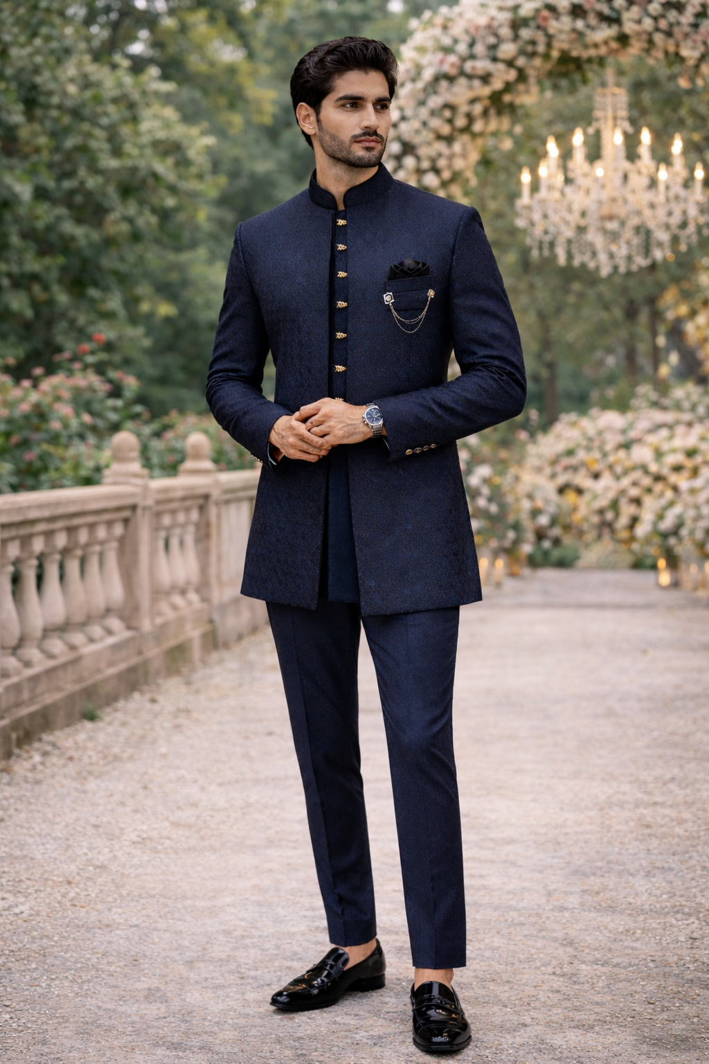 Men’s Navy Blue Jacquard Self-Patterned Indo-Western Sherwani