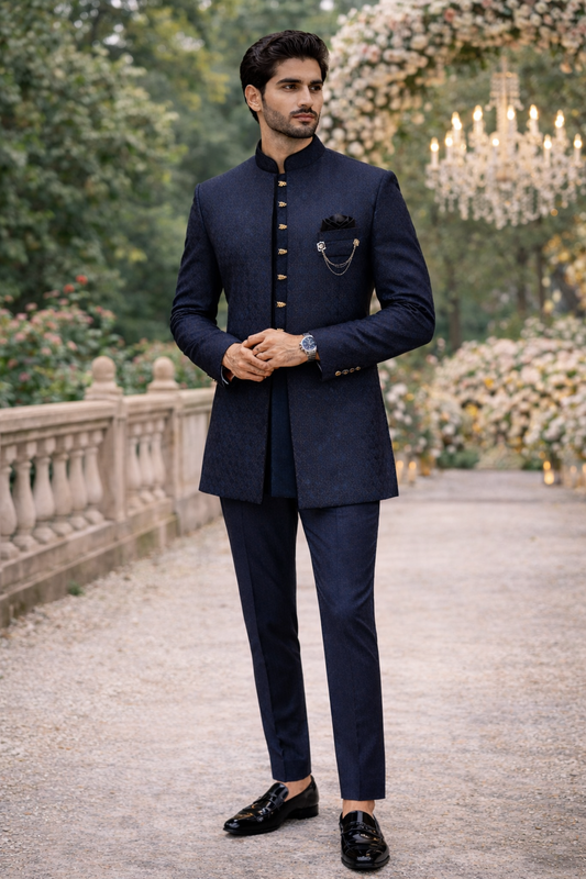Men’s Navy Blue Jacquard Self-Patterned Indo-Western Sherwani