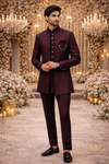 Men’s Wine Maroon Jacquard Self-Patterned Indo-Western Sherwani