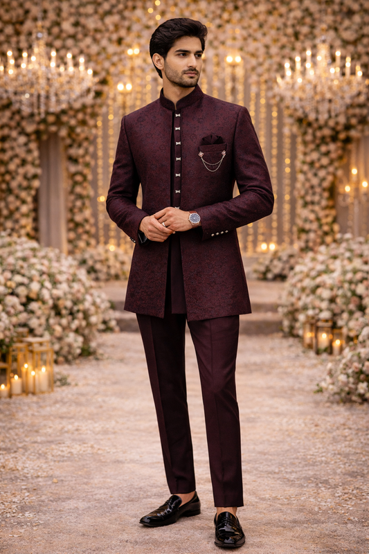 Men’s Wine Maroon Jacquard Self-Patterned Indo-Western Sherwani