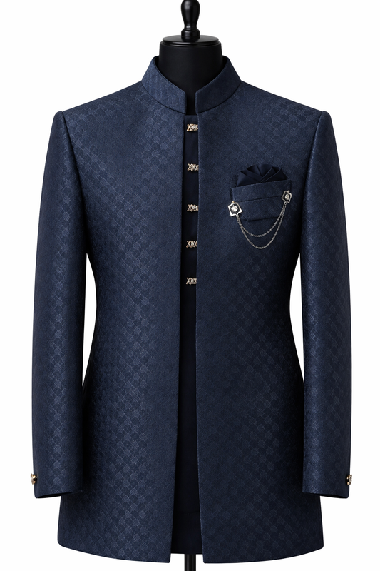 Men’s Navy Blue Jacquard Self-Patterned Indo-Western Sherwani