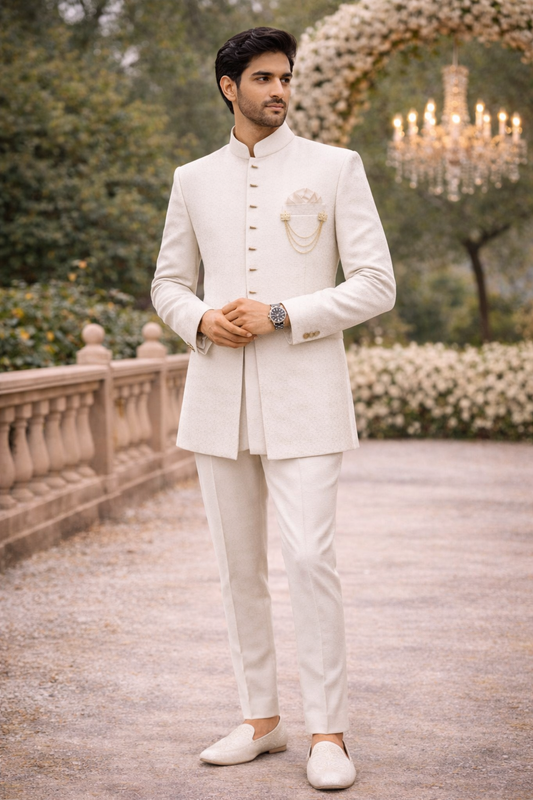 Men’s Ivory White Self-Textured Solid Indo-Western Sherwani