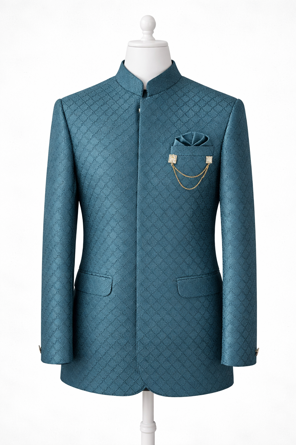 Men’s Teal Blue Jacquard Self-Patterned Indo-Western Jacket