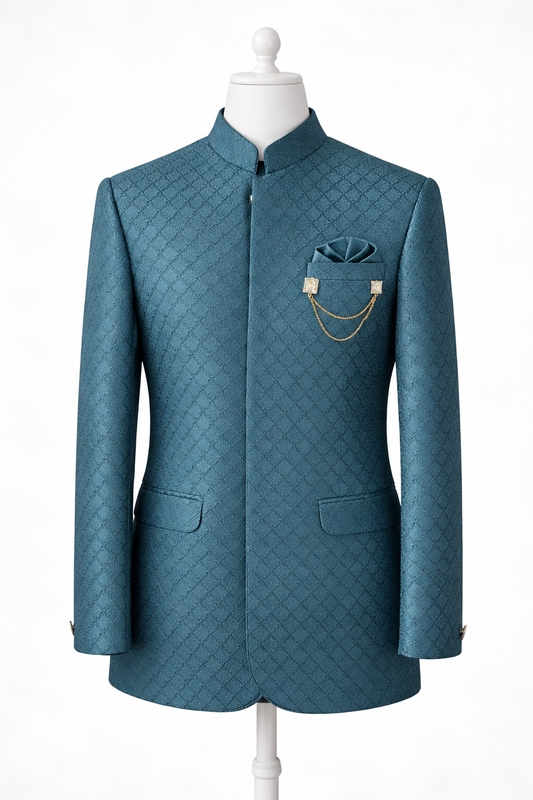 Men’s Teal Blue Jacquard Self-Patterned Indo-Western Jacket