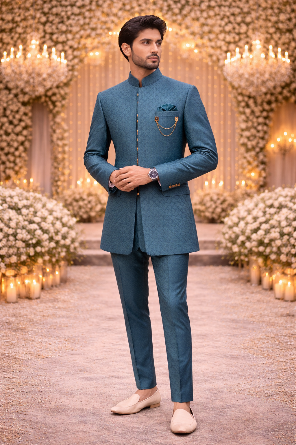 Men’s Teal Blue Jacquard Self-Patterned Indo-Western Jacket