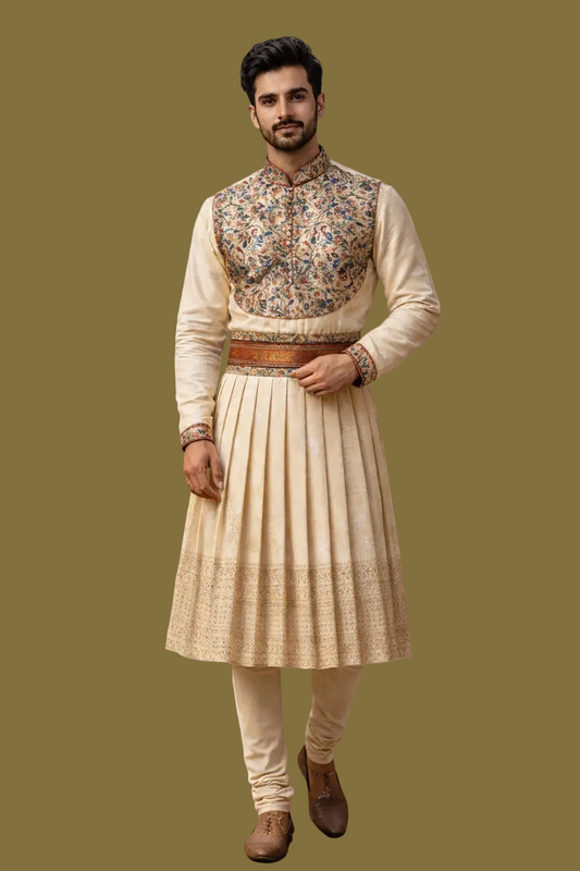 Cream Embroidered Angrakha Sherwani