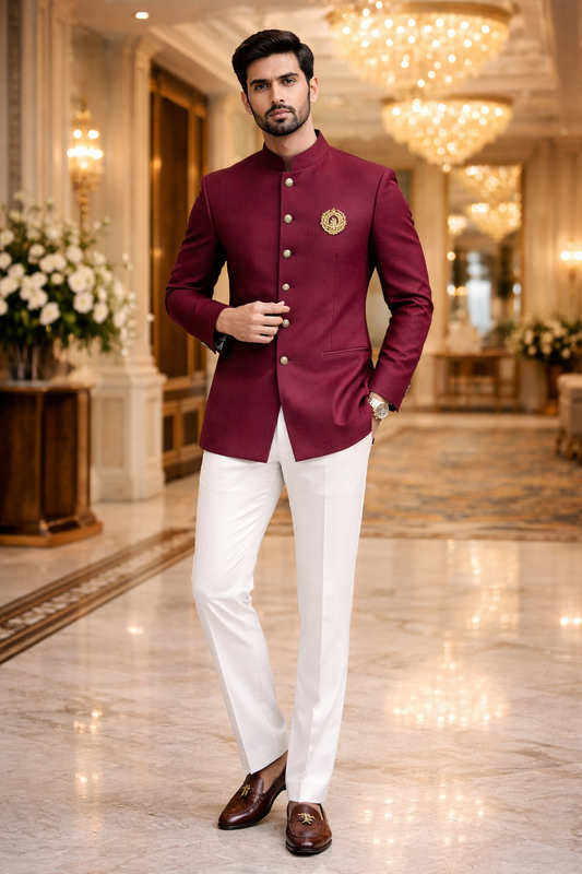 Men Maroon Plain Self Textured Shirt Jacket Set