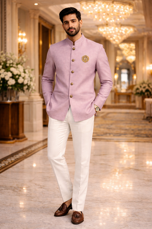 Men Light Mauve Plain Self Textured Shirt Jacket Set