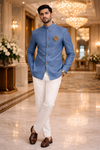 Men Steel Blue Plain Self Textured Shirt Jacket Set