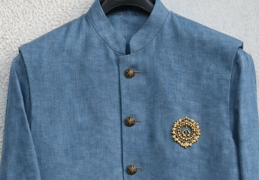 Men Steel Blue Plain Self Textured Shirt Jacket Set