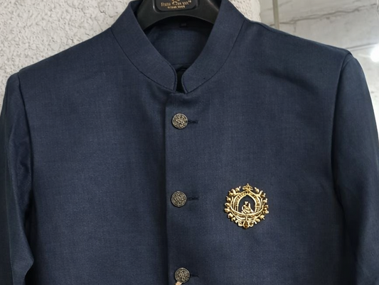 Men Navy Blue Plain Self Textured Shirt Jacket Set