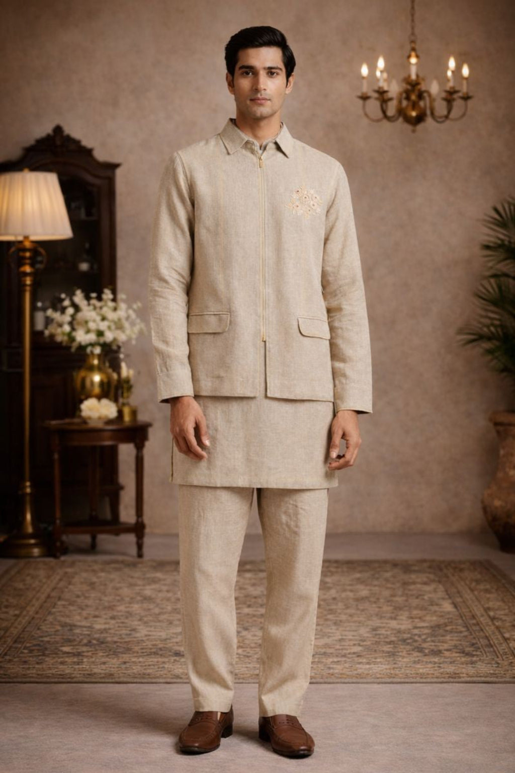 Men’s Pure Linen Kurta Jacket Set