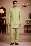 Men’s Green Pure Linen Kurta Jacket Set