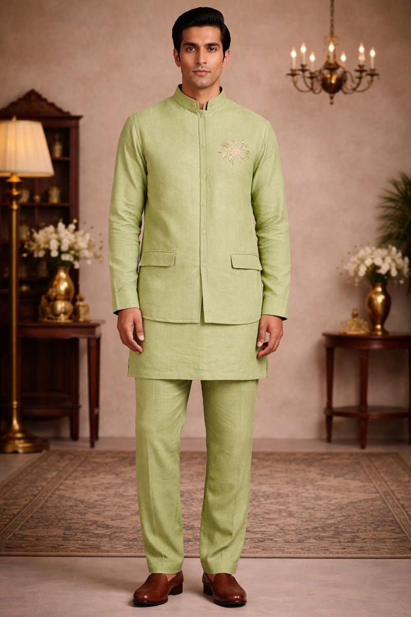 Men’s Green Pure Linen Kurta Jacket Set