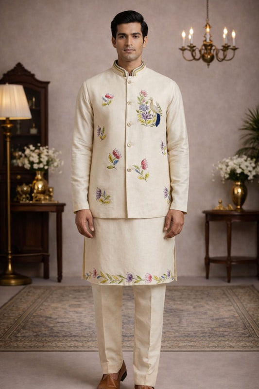 Men’s Cream Pure Soil Kurta Jacket Set