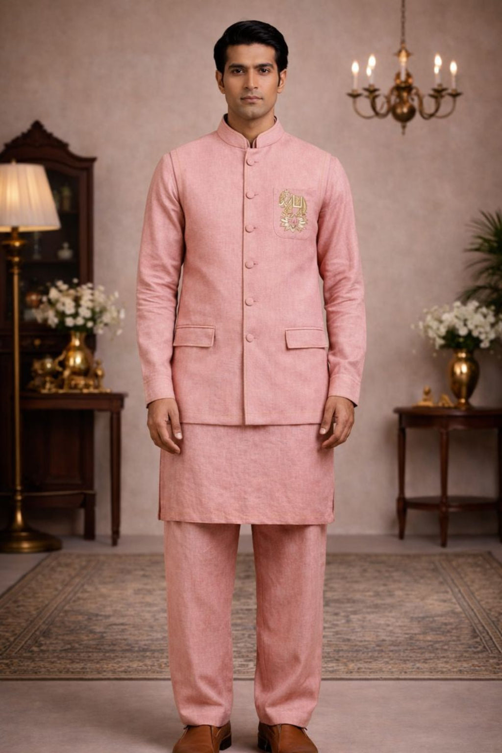 Men’s Pink Pure Linen Kurta Jacket Set