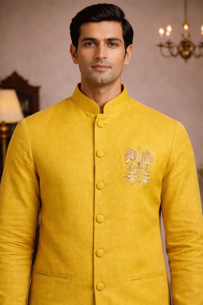 Men’s Yellow Pure Linen Kurta Jacket Set