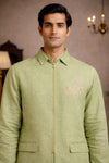 Men’s Green Pure Linen Kurta Jacket Set