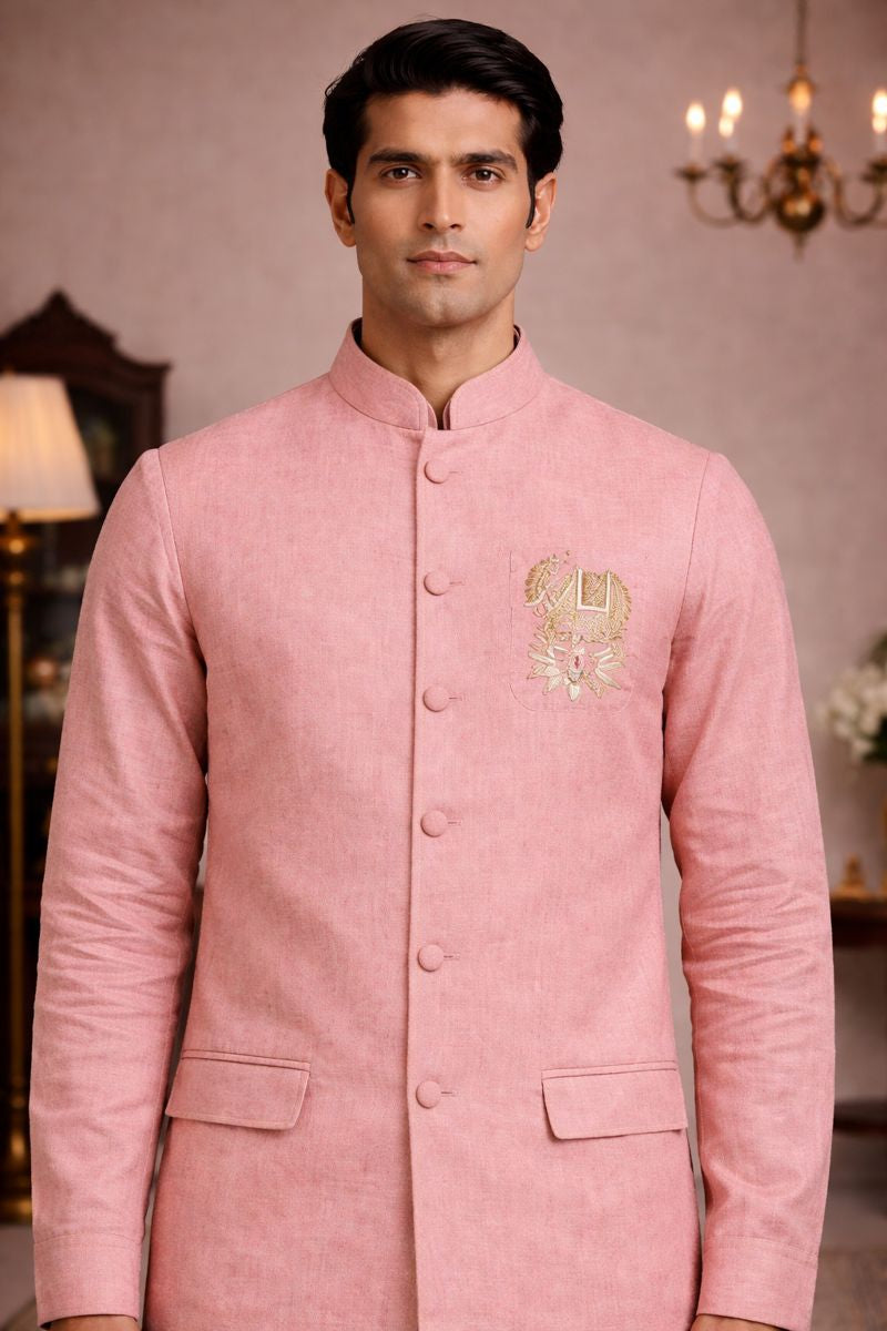 Men’s Pink Pure Linen Kurta Jacket Set