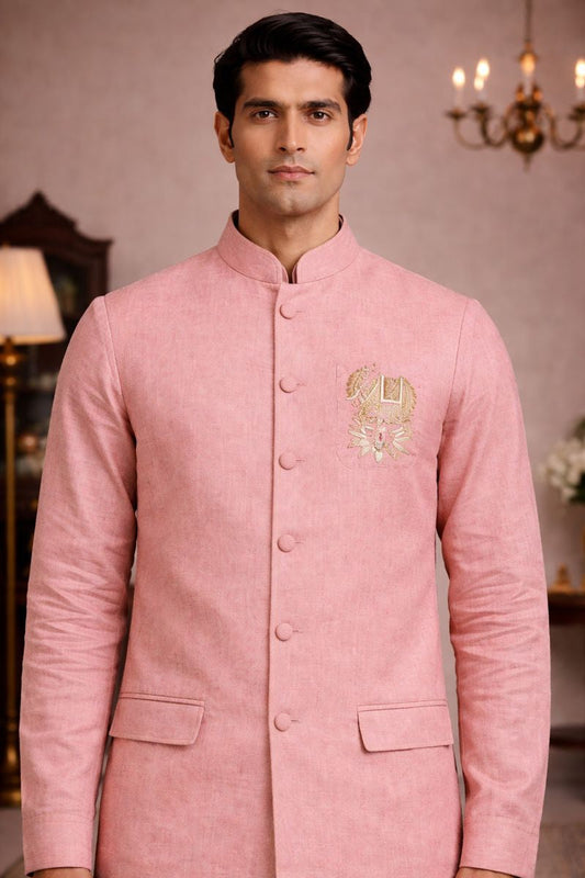 Men’s Pink Pure Linen Kurta Jacket Set