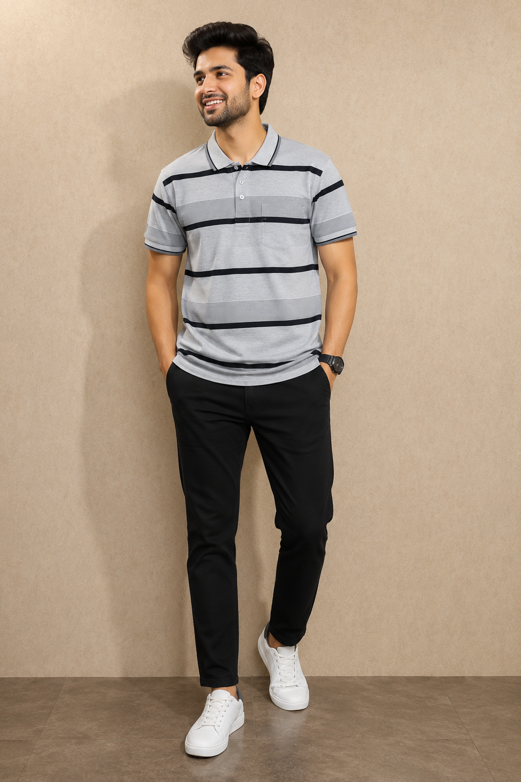 Men's Grey Striped Polo T-Shirt |