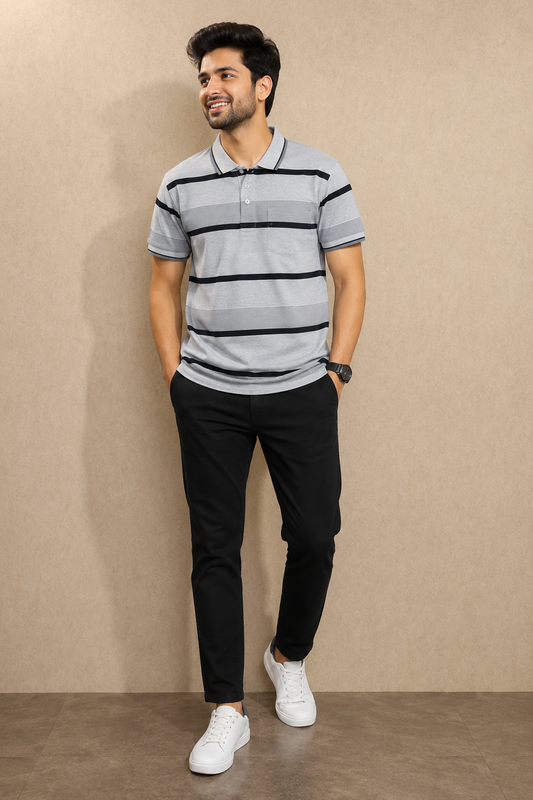 Men's Grey Striped Polo T-Shirt |