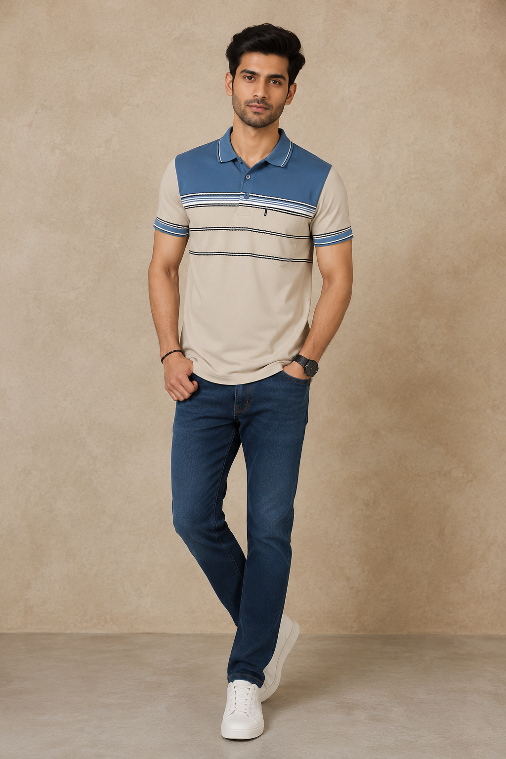 Premium Men's Sky Blue & Beige Striped Polo T-Shirt