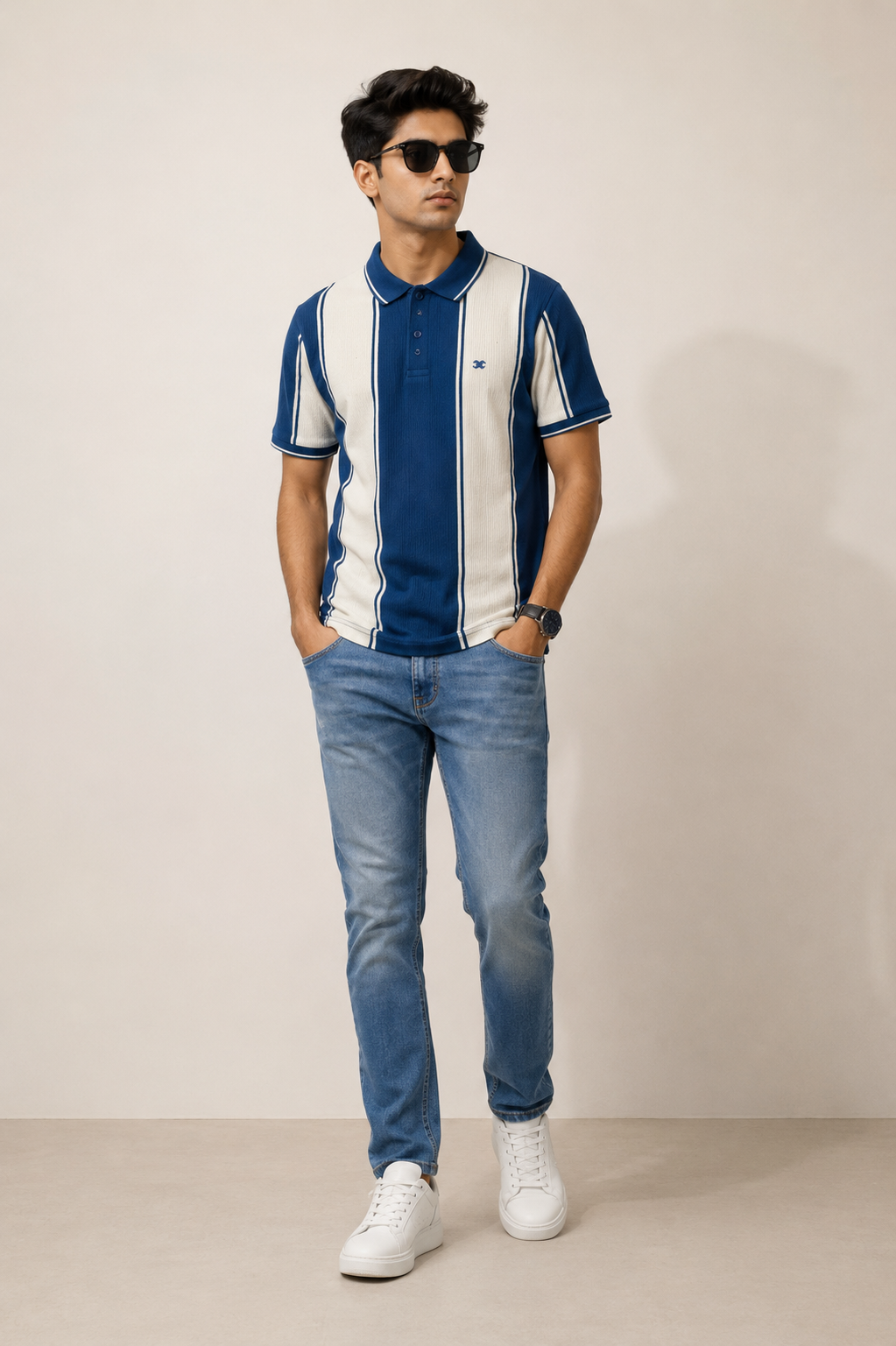 Title: Men’s Navy Blue & White Vertical Striped Polo T-Shirt
