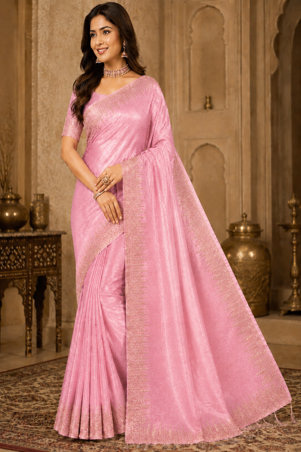 Women's Blush Pink Woven Silk Saree with Elegant Golden Border