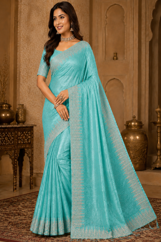 Sky Blue Designer Silk Saree with Elegant Zari Border