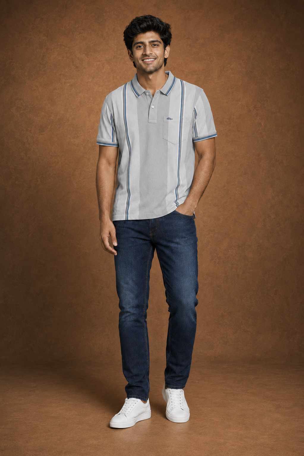 Men’s Light Grey Vertical Stripe Polo T-Shirt