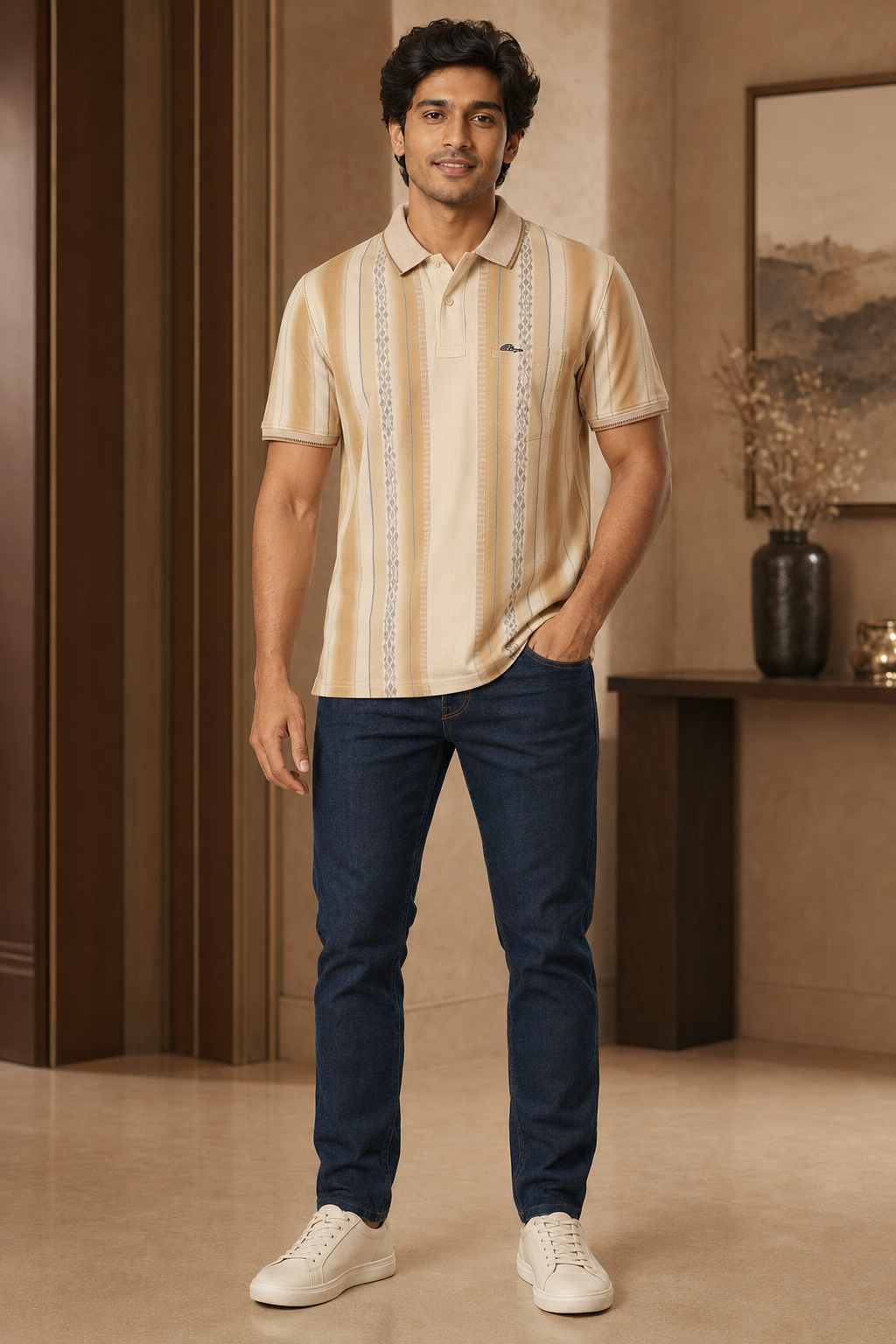 Men’s Beige Vertical Stripe Polo T-Shirt