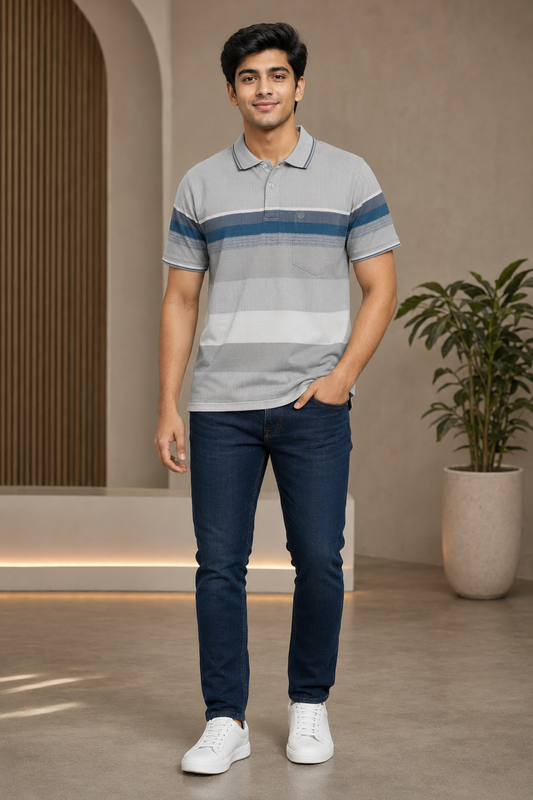Men’s Grey & Blue Horizontal Stripe Polo T-Shirt