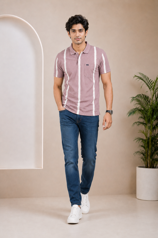 Men’s Dusty Pink Vertical Stripe Polo T-Shirt