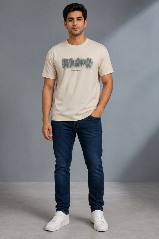 Men’s Cream Graphic Print Round-Neck T-Shirt
