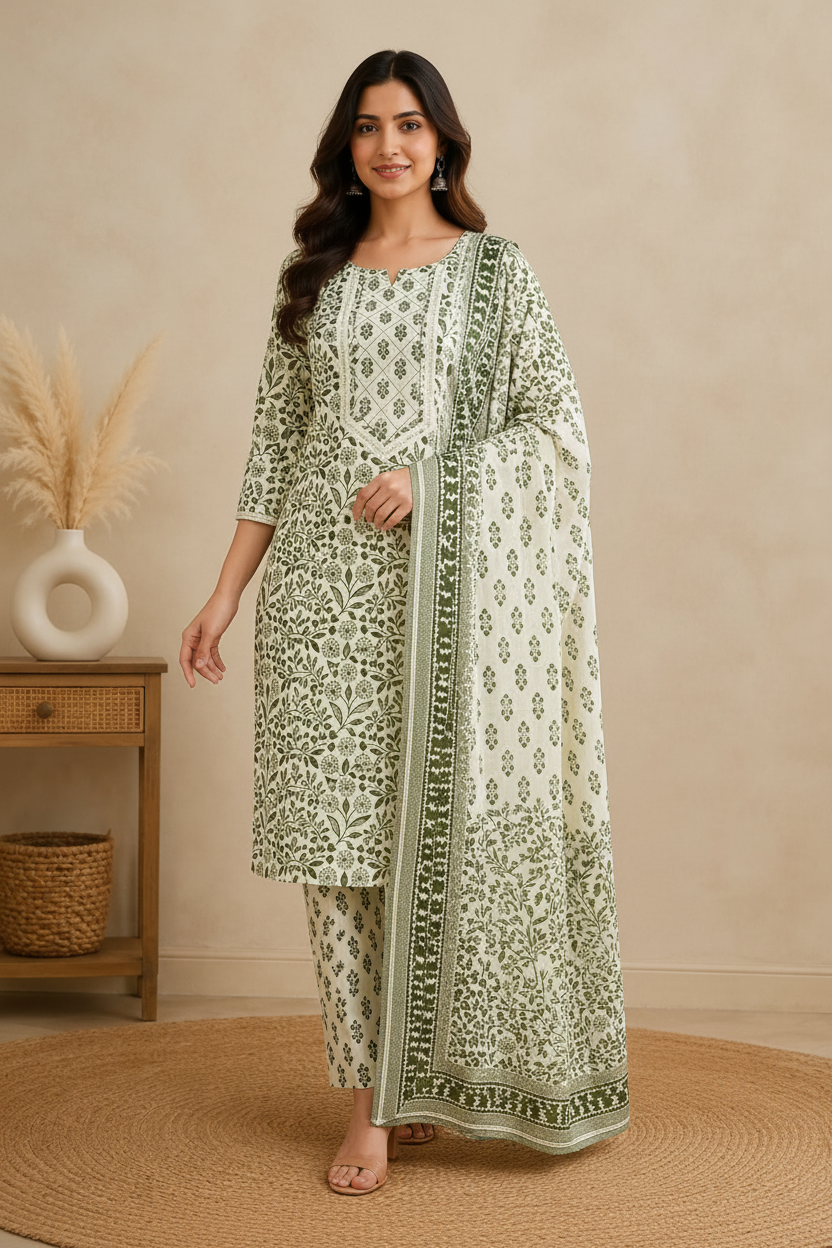 Elegant Olive Green Printed Cotton Kurta Set with Dupatta