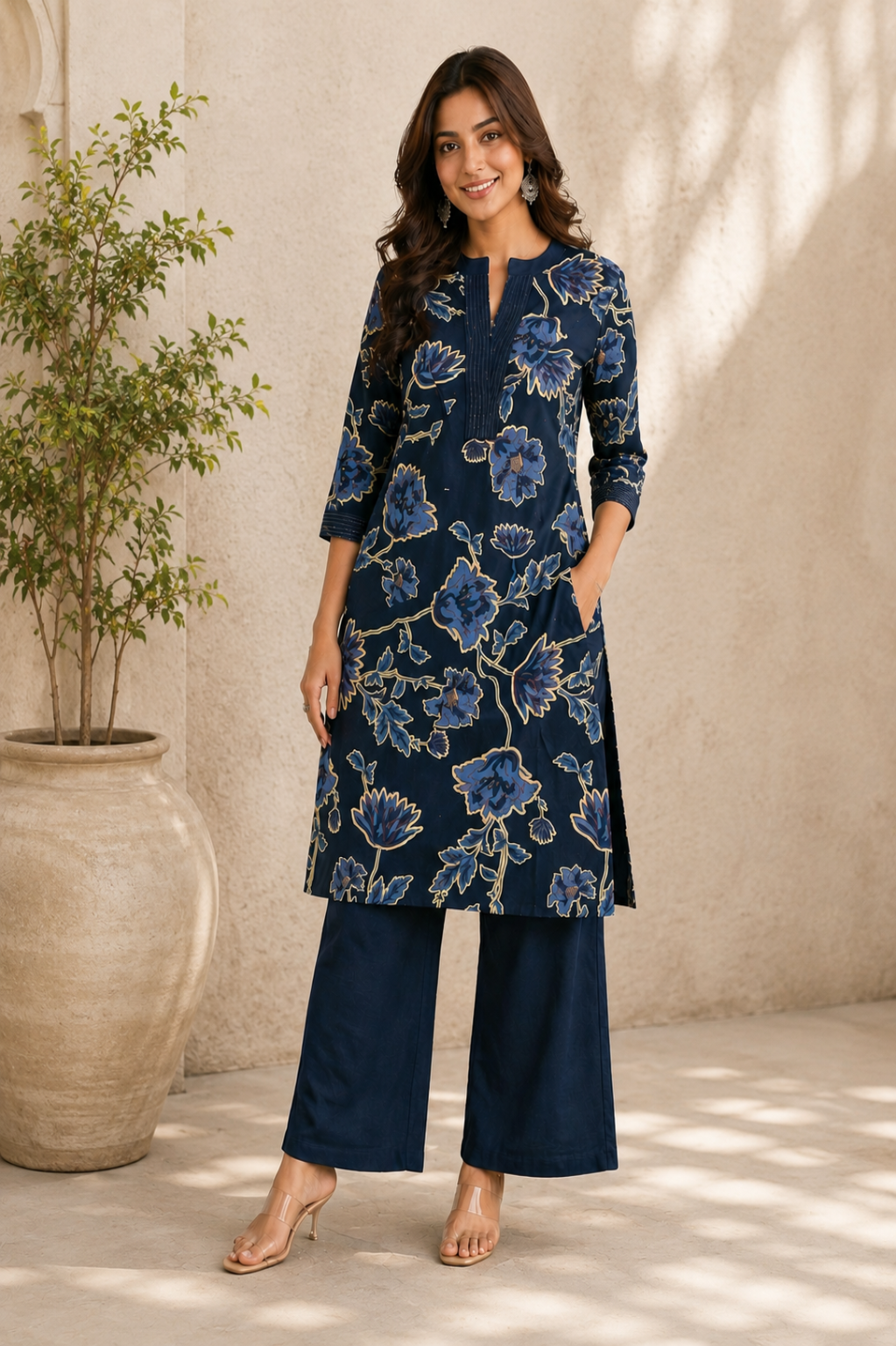 Elegant Navy Blue Floral Printed Kurta with Palazzo Set