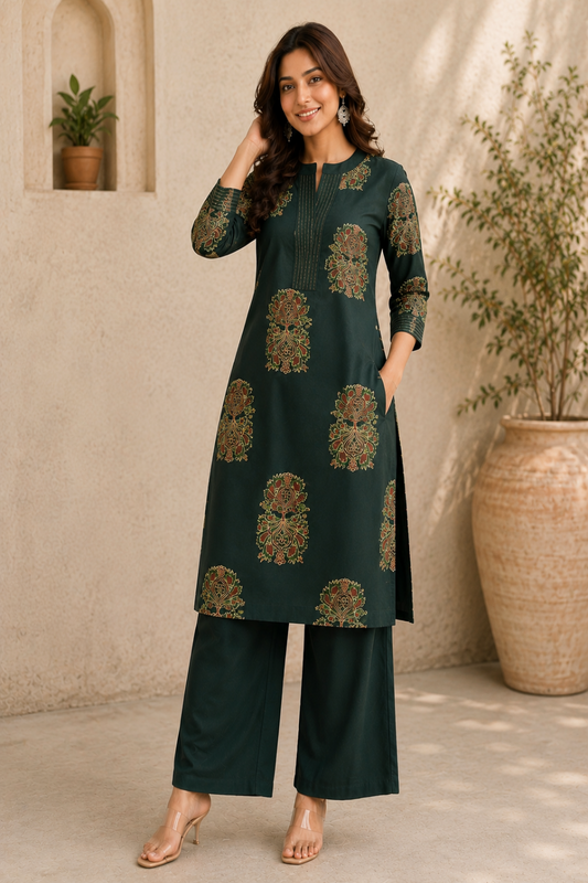 Women's Dark Green Printed Kurta with Palazzo Set