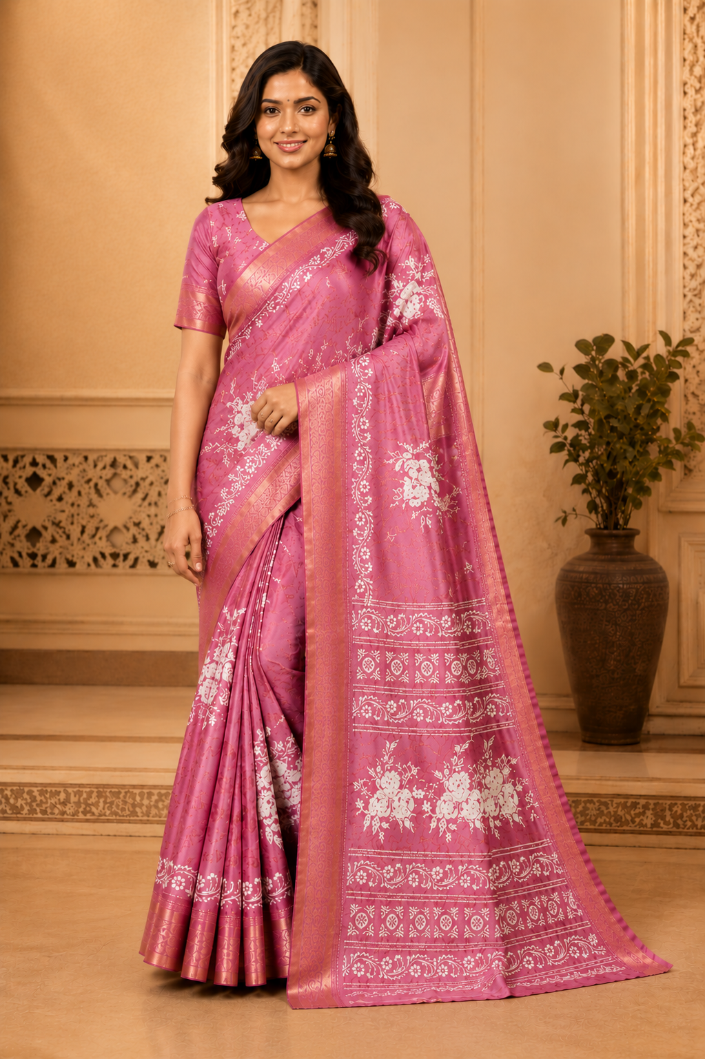 Elegant Pink Floral Soft Silk Saree with Rich Zari Border