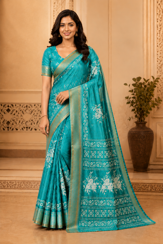 Elegant Turquoise Blue Soft Silk Saree with Silver Floral Weaving & Rich Zari Border