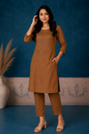 Elegant Brown Embroidered Kurti Pant Set for Women | 3/4 Sleeve