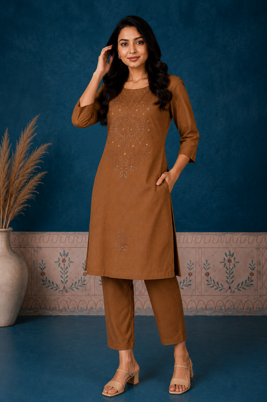 Elegant Brown Embroidered Kurti Pant Set for Women | 3/4 Sleeve