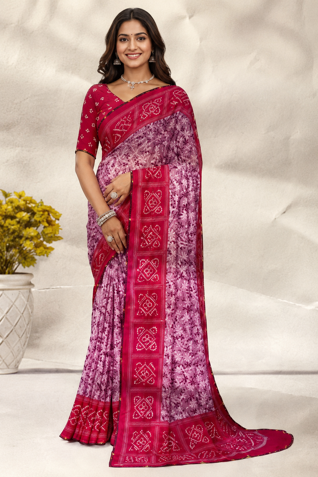 Elegant Magenta & Lavender Printed Saree with Designer Border