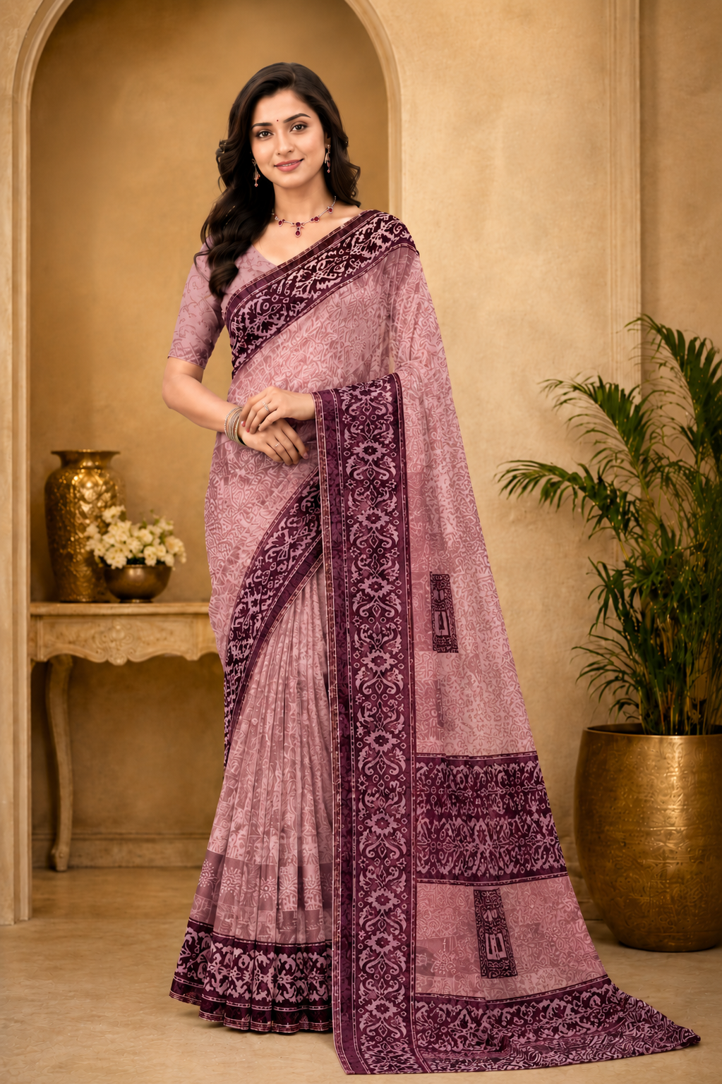 Graceful Lavender Printed Saree with Rich Purple Designer Border