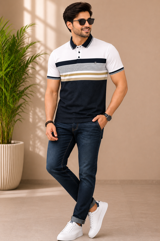Classic Navy Stripe Polo T-Shirt – Premium Cotton Comfort