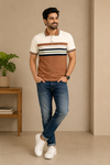 Men's Premium Stripe Polo T-Shirt – Off White & Coffee Brown