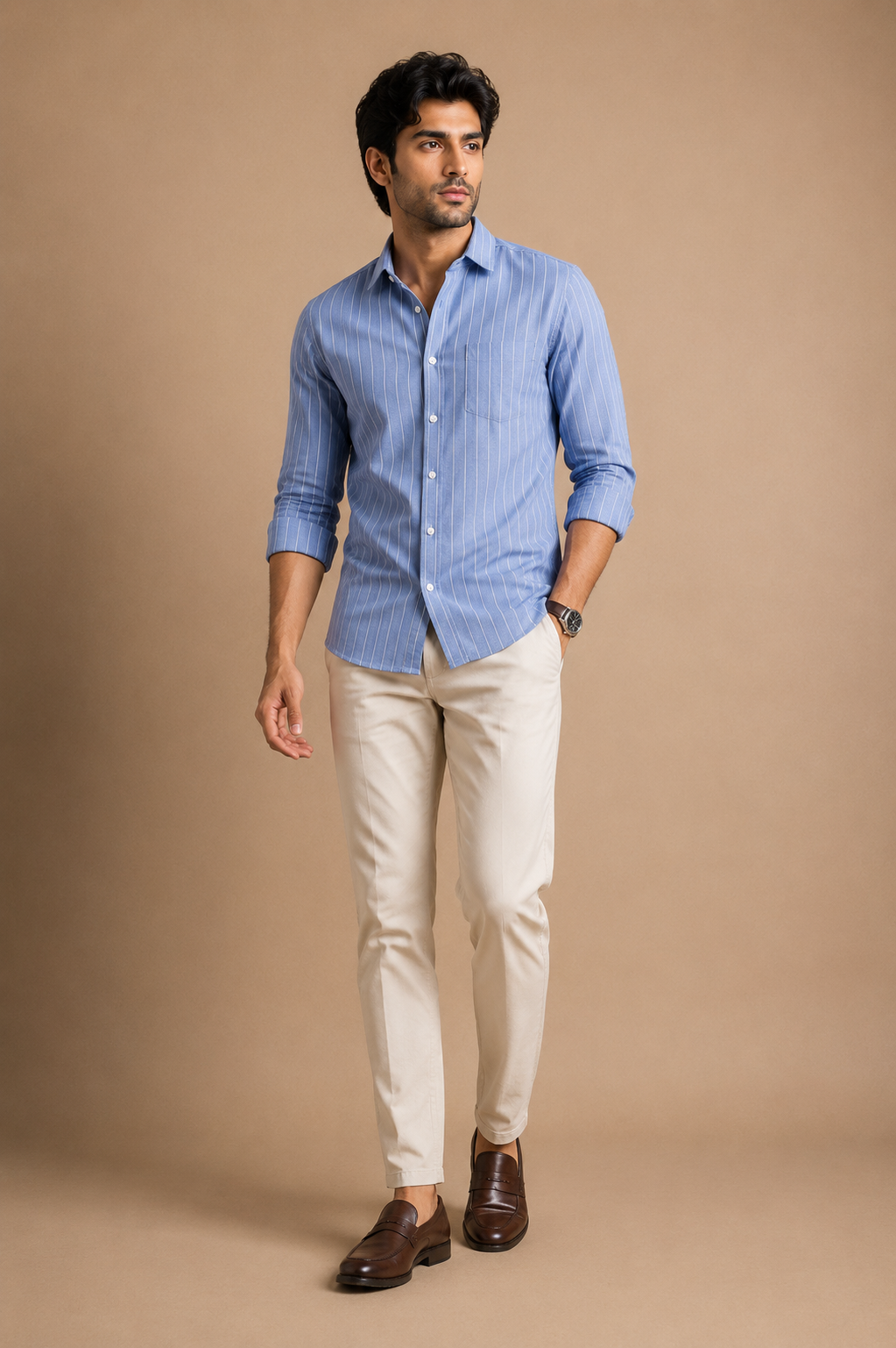 Men's Sky Blue Striped Casual Shirt – Premium Cotton Blend